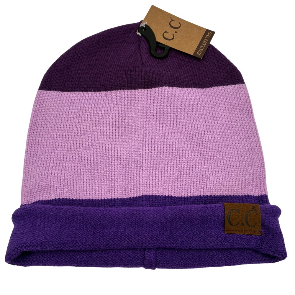 CC Exclusives Beanie Eggplant‎ Purple Lavender Colorblock Knit Winter Hat NEW